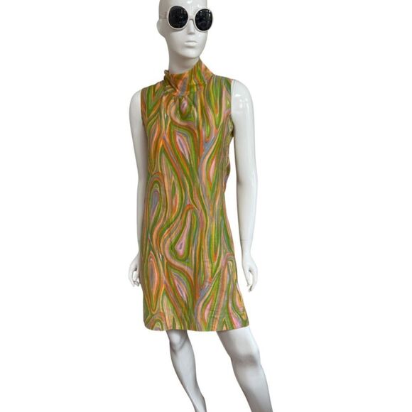 Groovy Handmade One of a Kind 60s / 70s Psychedelic Swirl Mock Neck Mini Dress - Picture 2 of 11